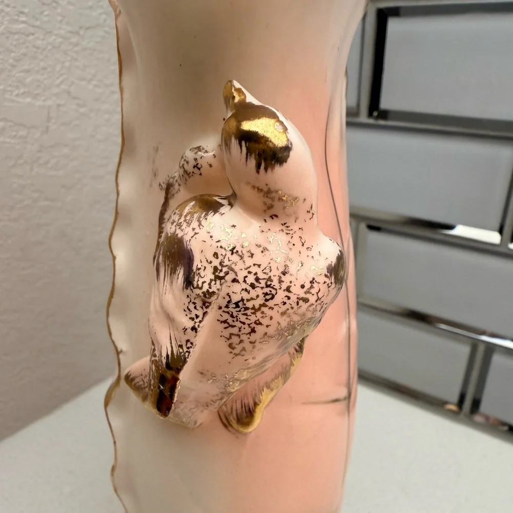 Vintage Pink and Gold Leaf-Detail Porcelain Vase Birds 1950s 1960s Mid-Century